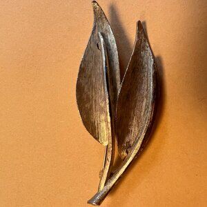 Vintage BSK Leaf Brooch Brushed Gold Big Large Long Pin.